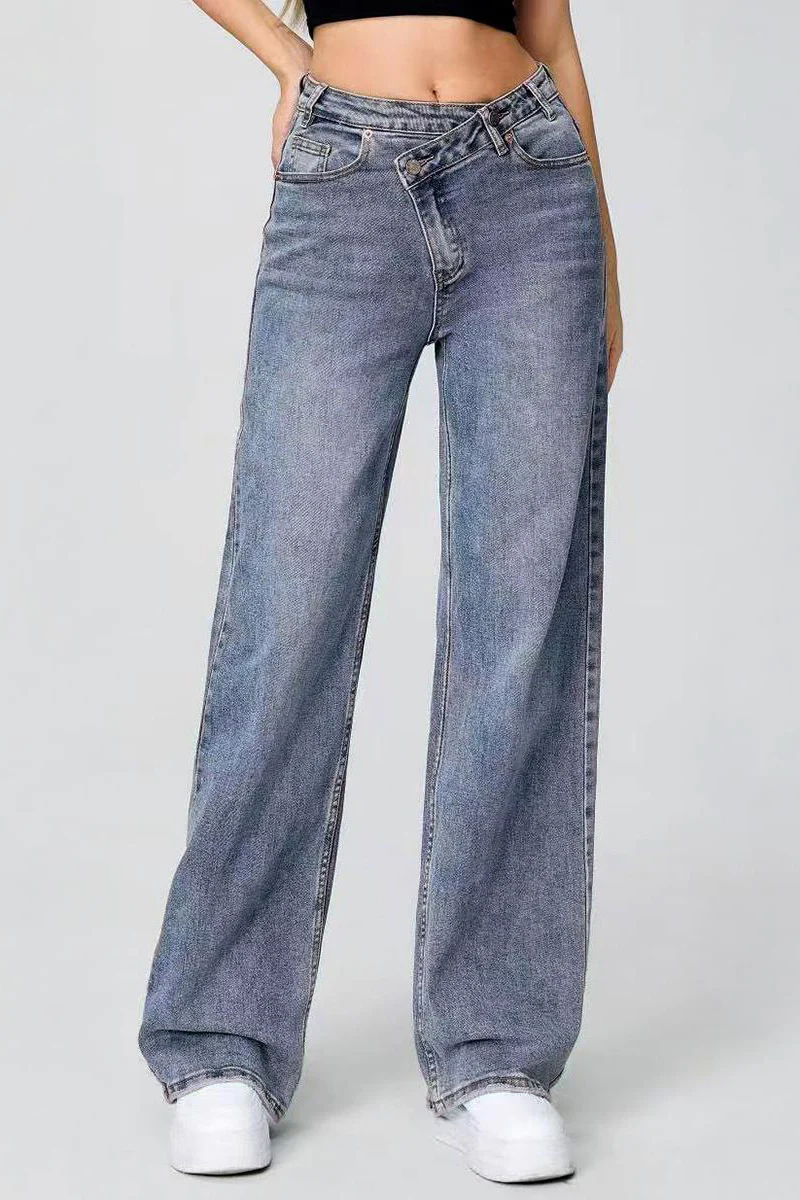 Asymmetrical High Waist Multi Pocket Wide Leg Jeans Street Style - Image 4
