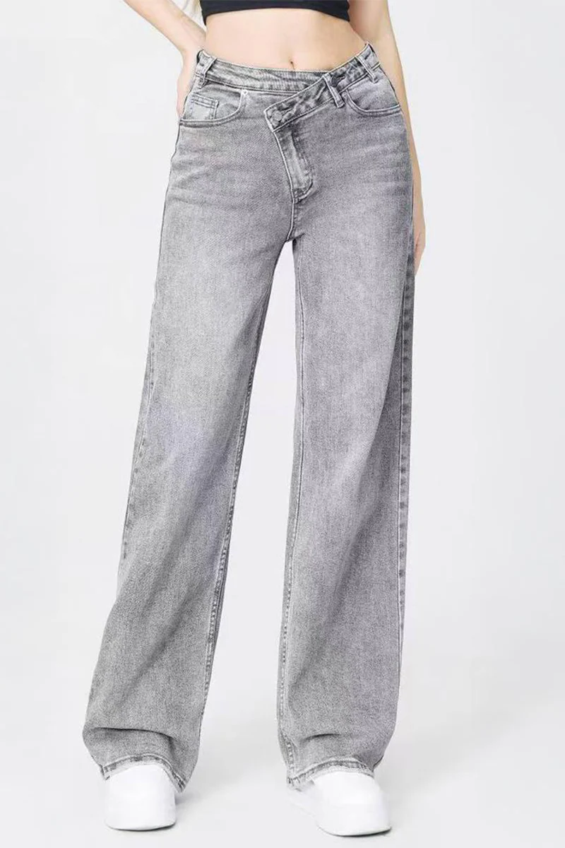 Asymmetrical High Waist Multi Pocket Wide Leg Jeans Street Style - Image 6