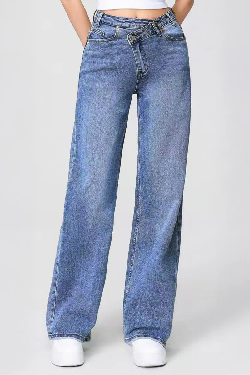 Asymmetrical High Waist Multi Pocket Wide Leg Jeans Street Style - Image 8