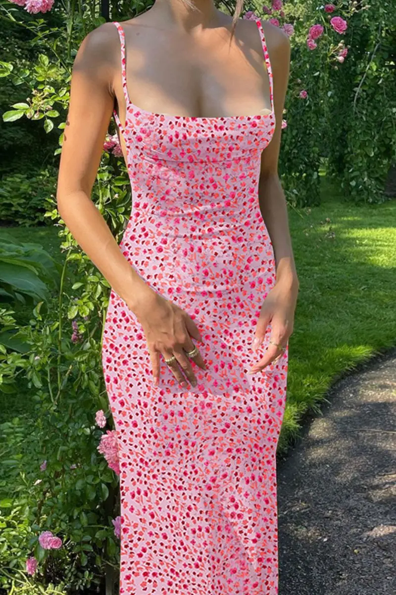 Breezy Floral Print Backless Spaghetti Strap Slinky Dress - Image 5