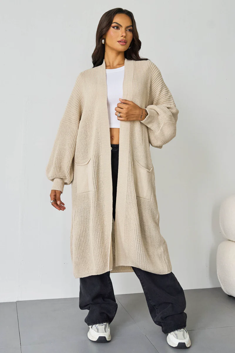 Casual Knit Puff Sleeve Loose Open-Front Cardigan - Image 3
