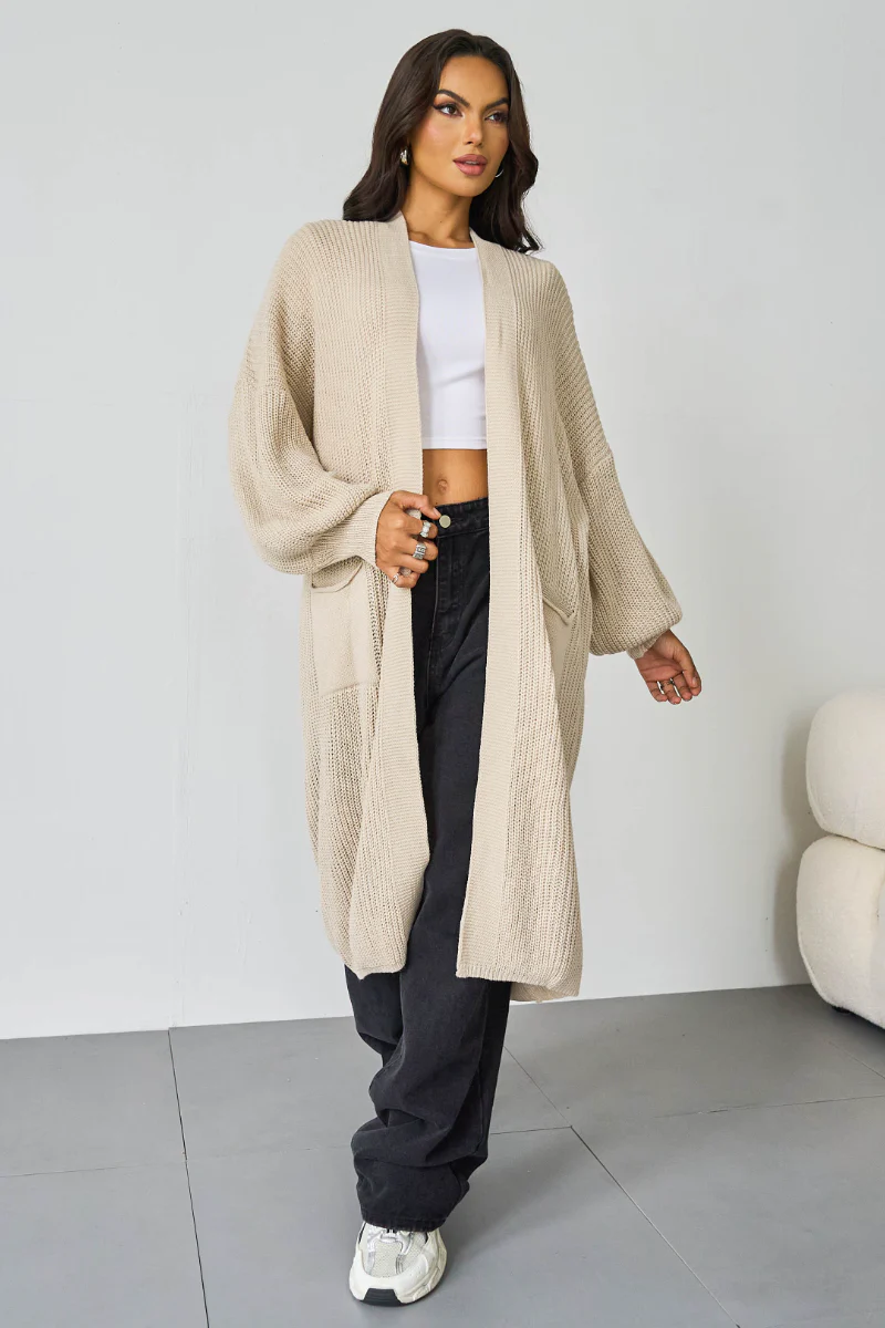 Casual Knit Puff Sleeve Loose Open-Front Cardigan - Image 5