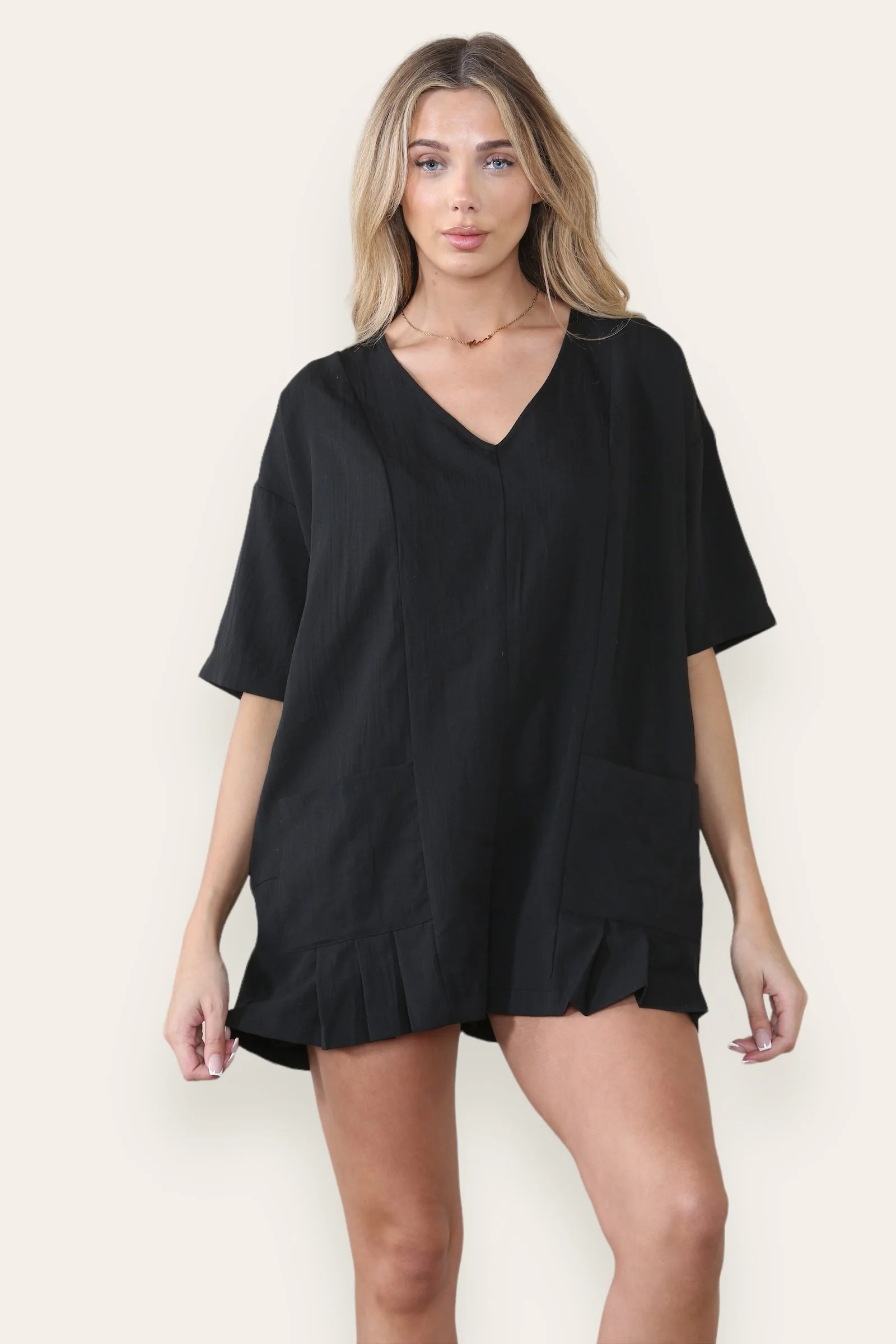 Casual Plain V Neck Half Sleeve Pocket Loose Playsuit - Image 4