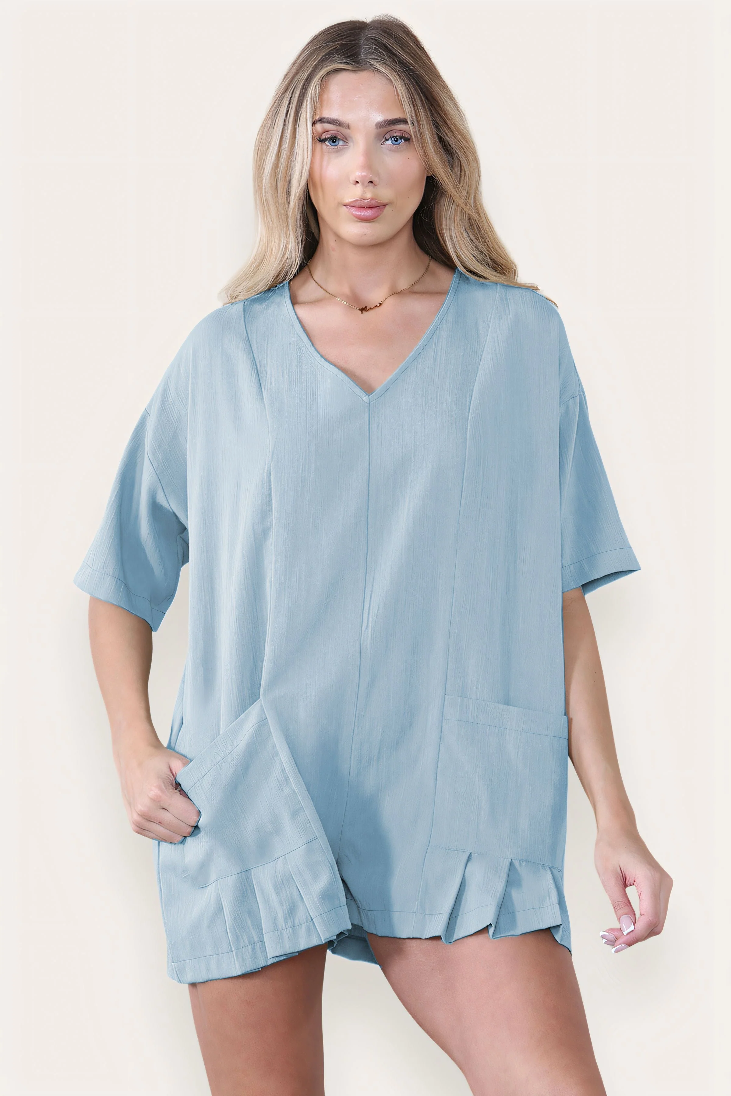 Casual Plain V Neck Half Sleeve Pocket Loose Playsuit - Image 5