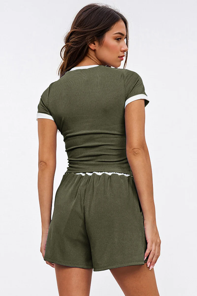 Casual Round Neck Contrast Trim Short Sleeve Top & Pocket Drawstring Waist Shorts Co-ord - Image 10