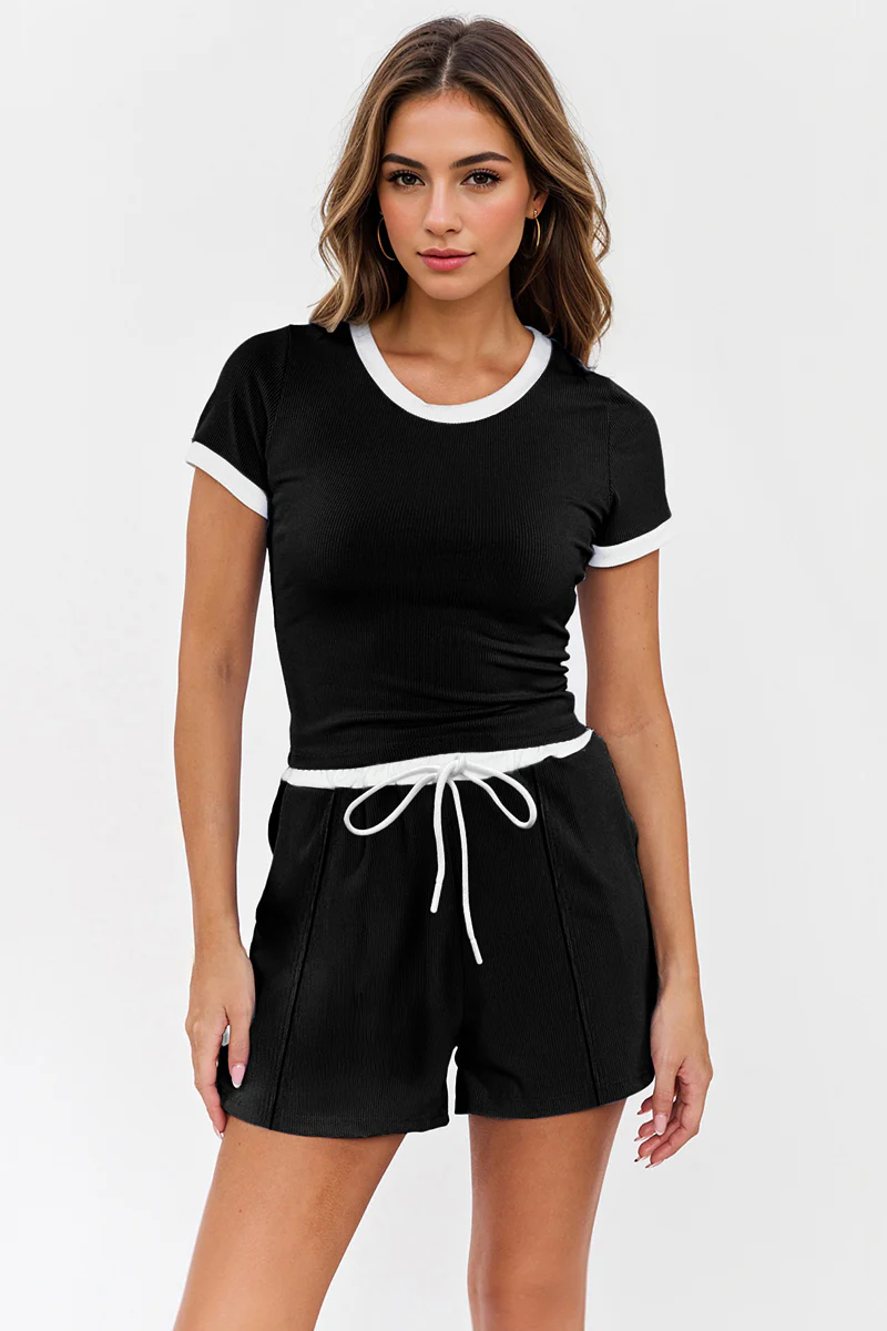 Casual Round Neck Contrast Trim Short Sleeve Top & Pocket Drawstring Waist Shorts Co-ord - Image 5