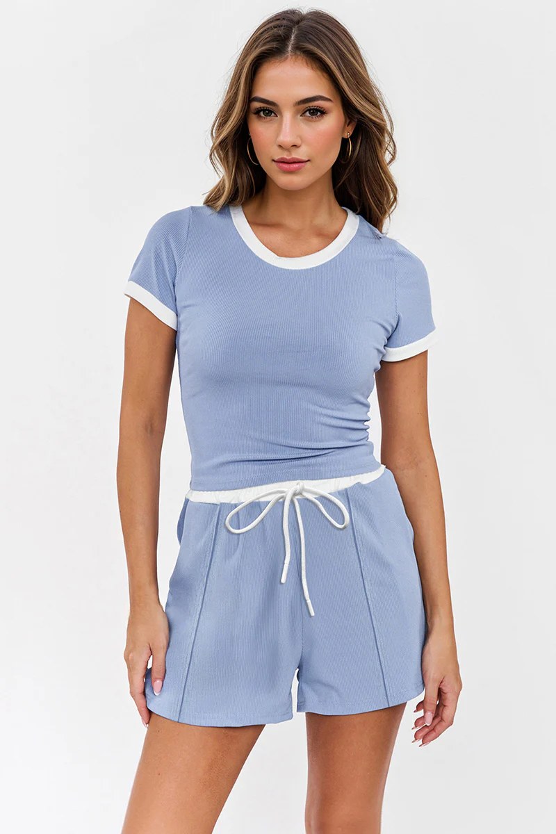 Casual Round Neck Contrast Trim Short Sleeve Top & Pocket Drawstring Waist Shorts Co-ord - Image 7