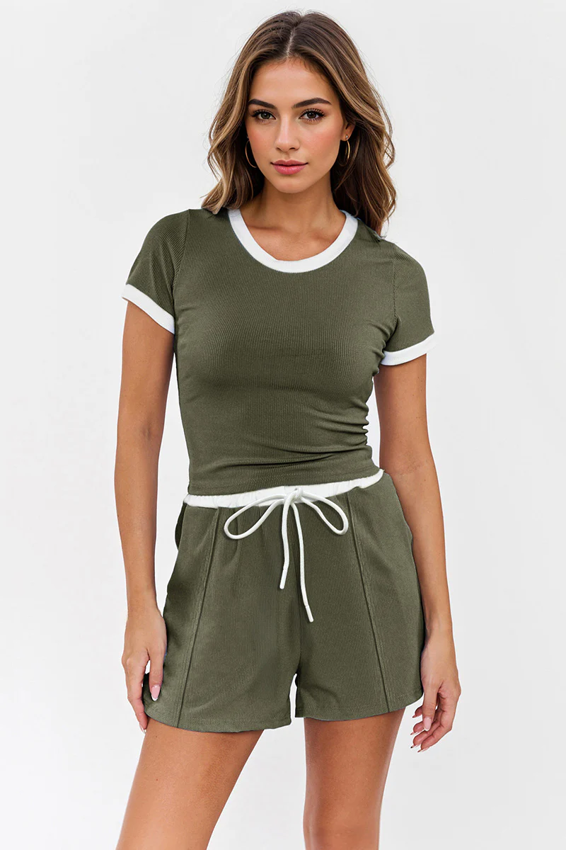 Casual Round Neck Contrast Trim Short Sleeve Top & Pocket Drawstring Waist Shorts Co-ord - Image 9