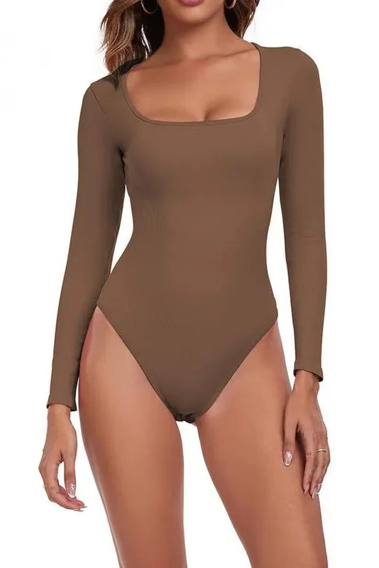 Katchme Seamless Solid U Neck Long Sleeve Stretch Bodysuit - Image 3
