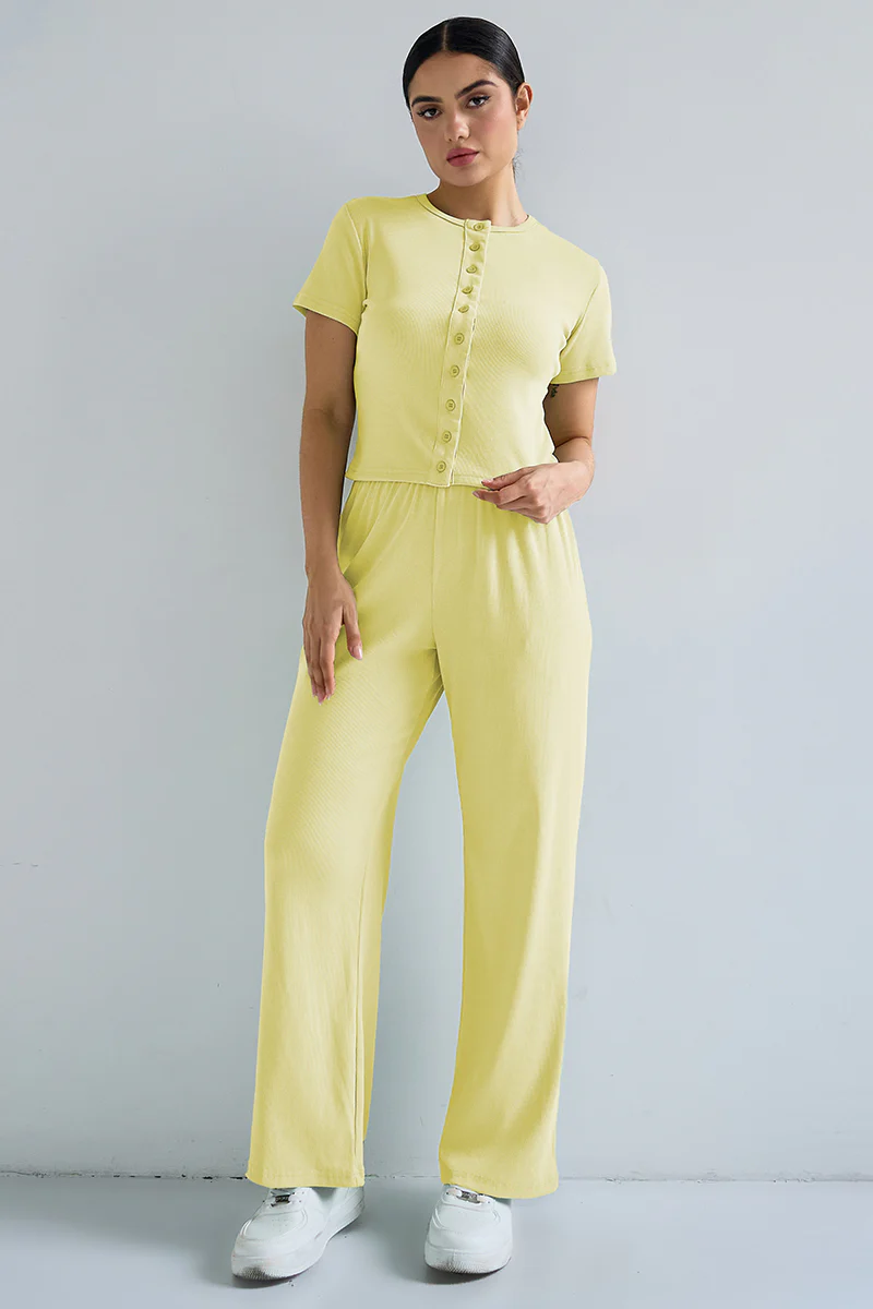 Casual Short Sleeve Button Slim Top & Wide Leg Trousers Co-ord - Image 10