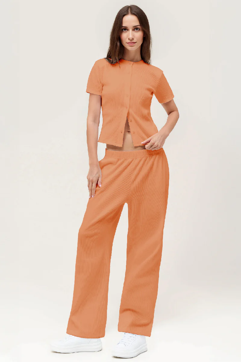 Casual Short Sleeve Button Slim Top & Wide Leg Trousers Co-ord - Image 3