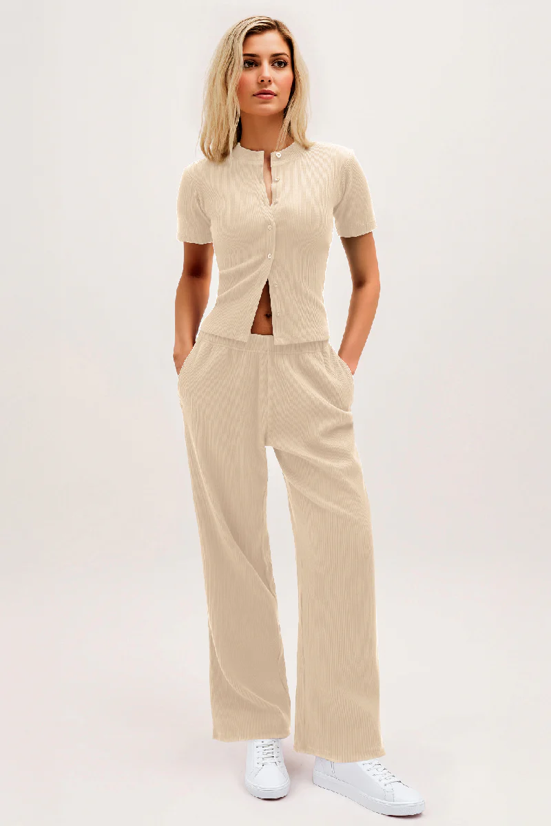 Casual Short Sleeve Button Slim Top & Wide Leg Trousers Co-ord - Image 4