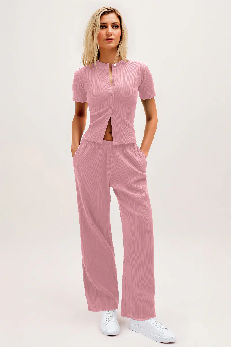 Casual Short Sleeve Button Slim Top & Wide Leg Trousers Co-ord - Image 5
