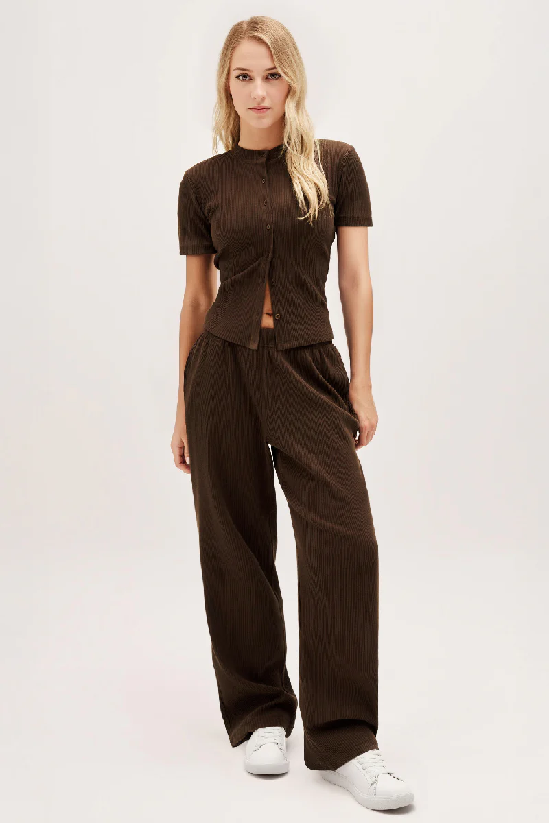 Casual Short Sleeve Button Slim Top & Wide Leg Trousers Co-ord - Image 8