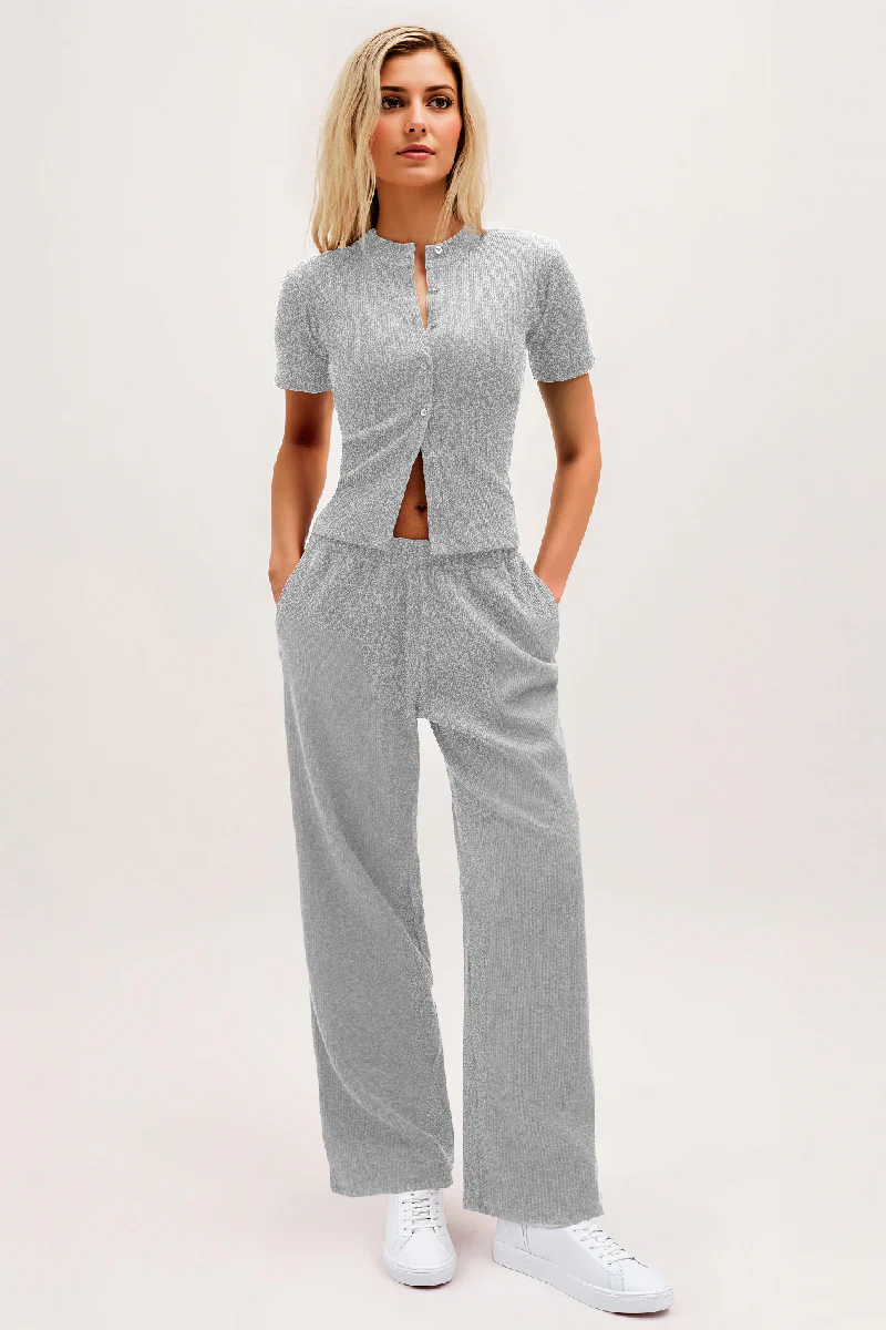 Casual Short Sleeve Button Slim Top & Wide Leg Trousers Co-ord - Image 9