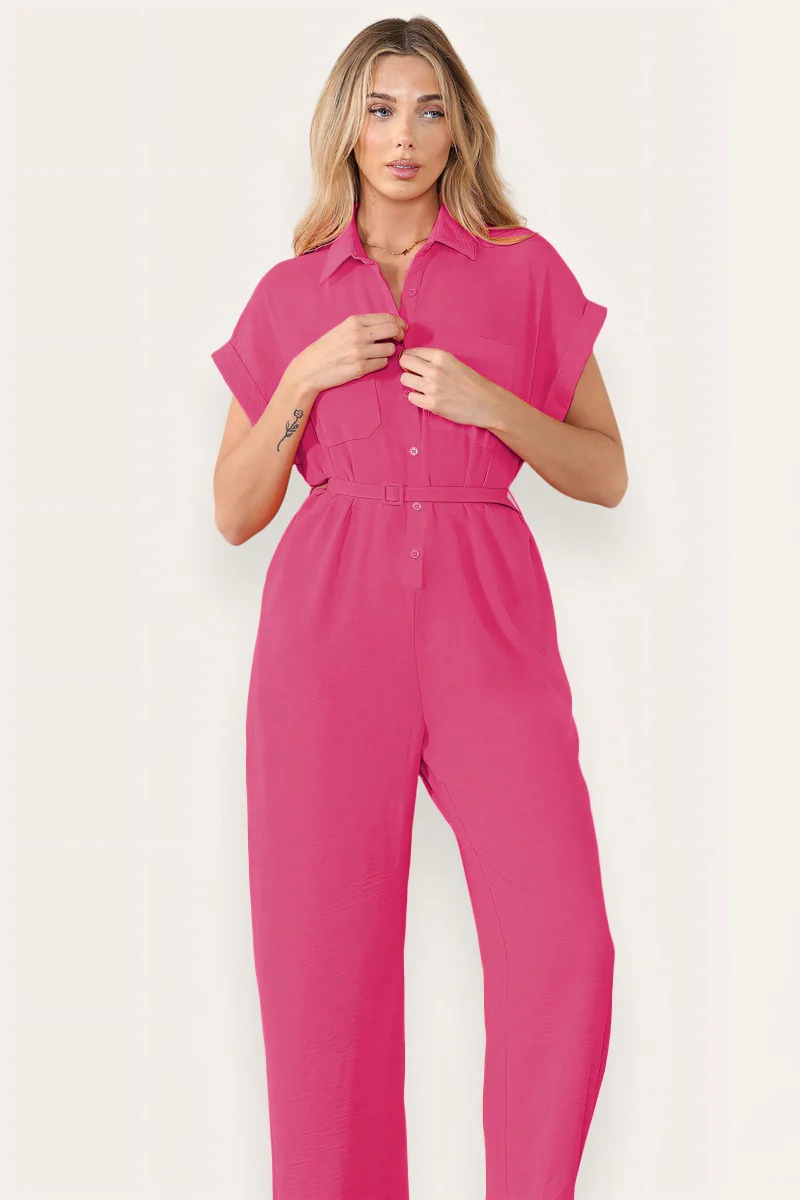 Collared Neck Partial Button Jumpsuit With Matching Belt - Image 8