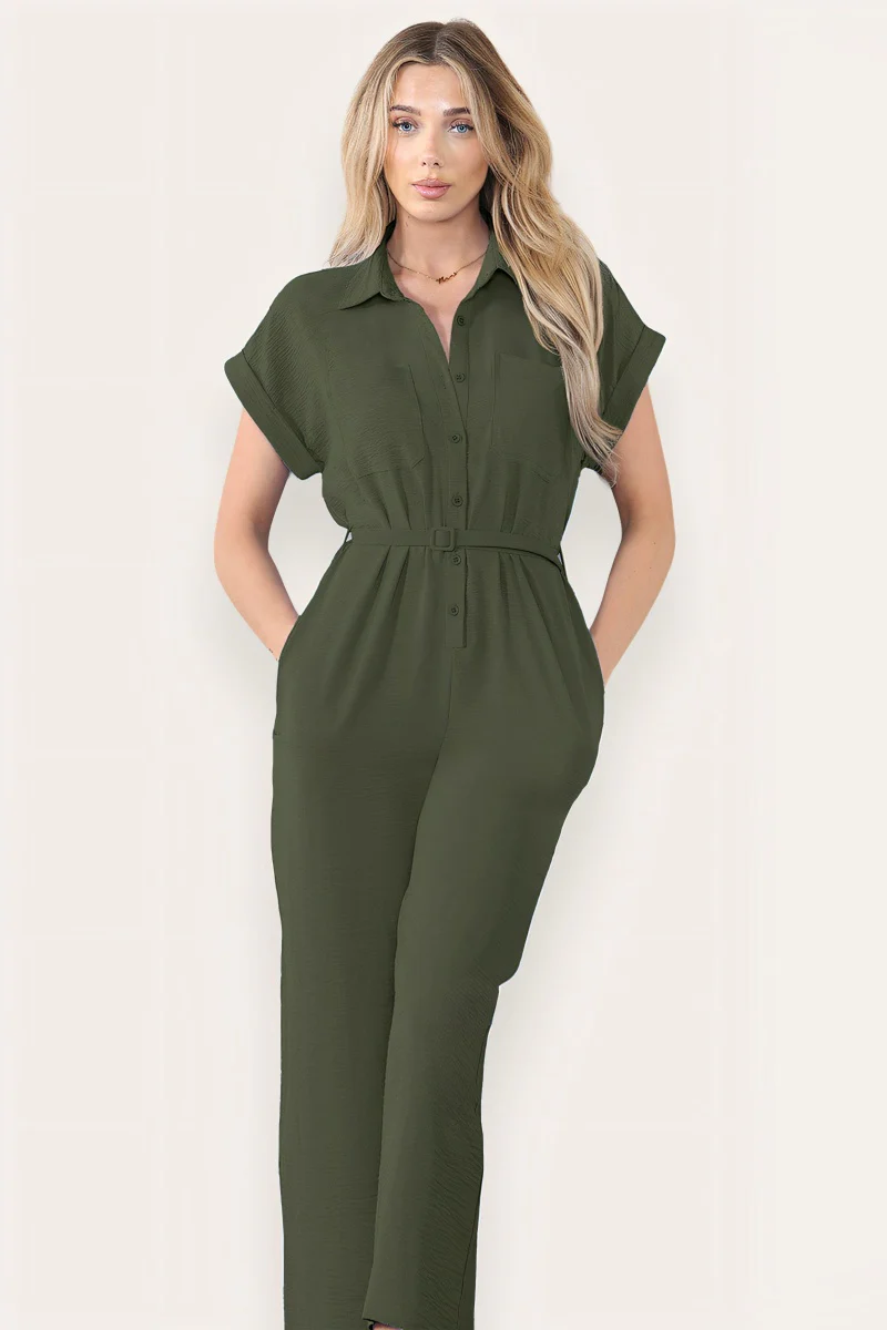 Collared Neck Partial Button Jumpsuit With Matching Belt - Image 9