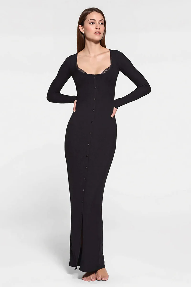 Elegant U Neck Lace Trim Button Through Slinky Maxi Dress - Image 3