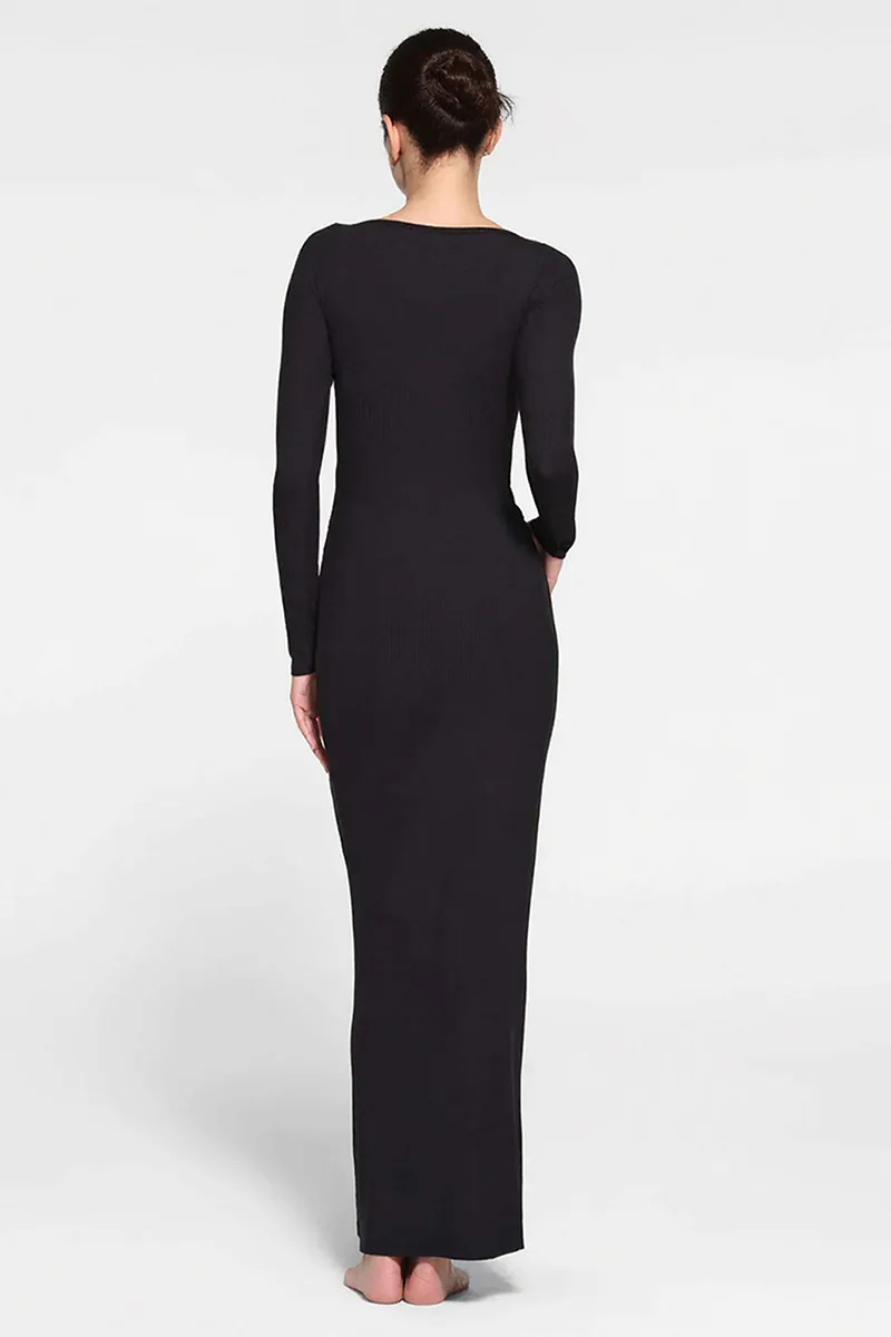 Elegant U Neck Lace Trim Button Through Slinky Maxi Dress - Image 4