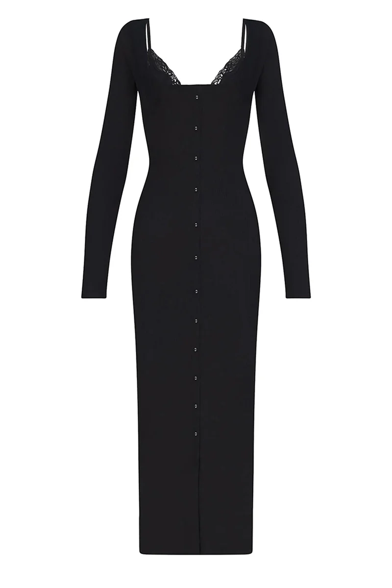 Elegant U Neck Lace Trim Button Through Slinky Maxi Dress - Image 5