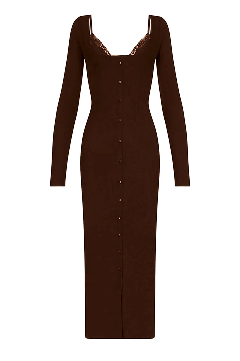 Elegant U Neck Lace Trim Button Through Slinky Maxi Dress - Image 6