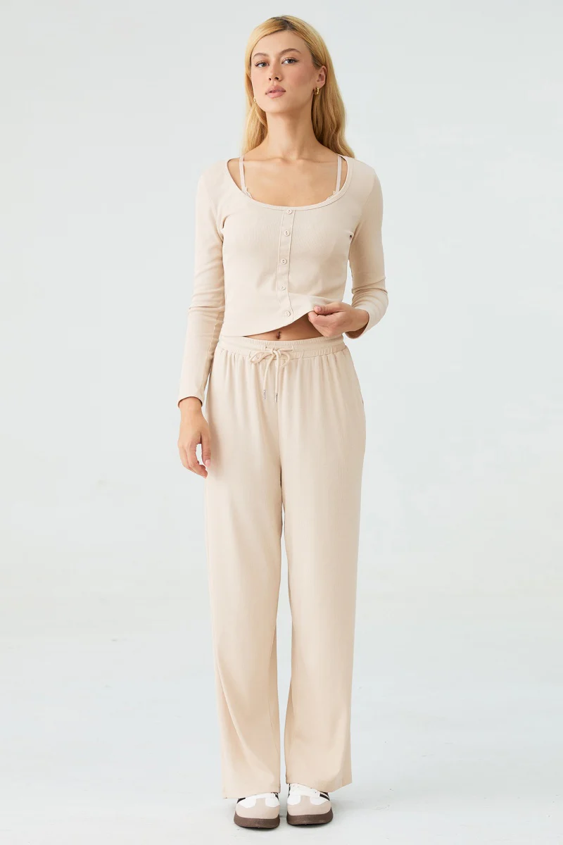 Katchme U-Neck Long Sleeve Top & Drawstring Waist Trousers with Lace Trim Camisole Three-Piece Set