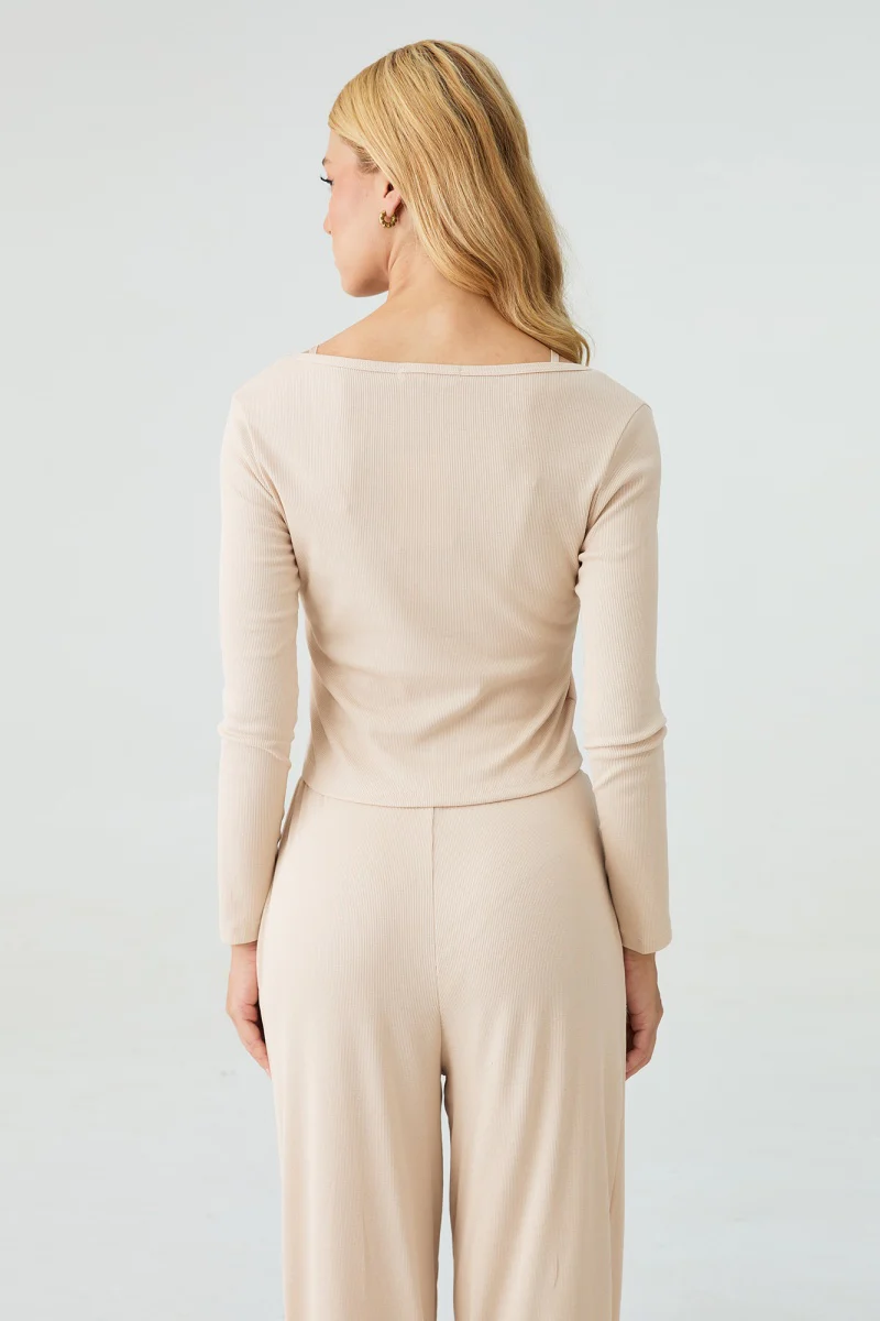 Katchme U-Neck Long Sleeve Top & Drawstring Waist Trousers with Lace Trim Camisole Three-Piece Set - Image 2