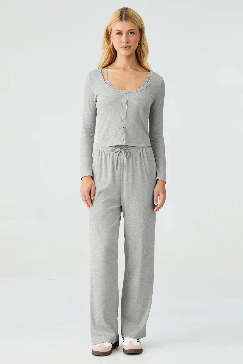 Katchme U-Neck Long Sleeve Top & Drawstring Waist Trousers with Lace Trim Camisole Three-Piece Set - Image 3