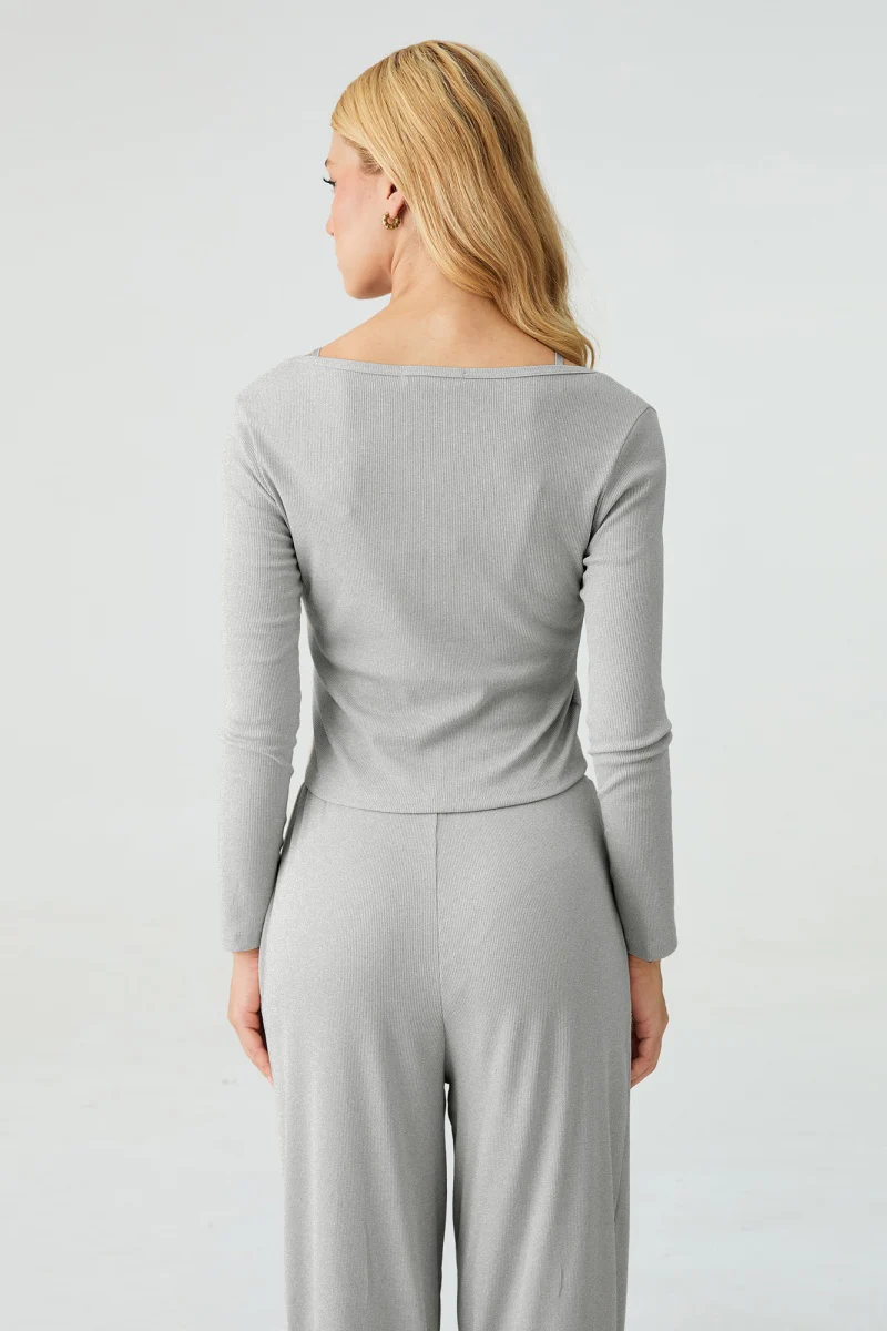 Katchme U-Neck Long Sleeve Top & Drawstring Waist Trousers with Lace Trim Camisole Three-Piece Set - Image 4