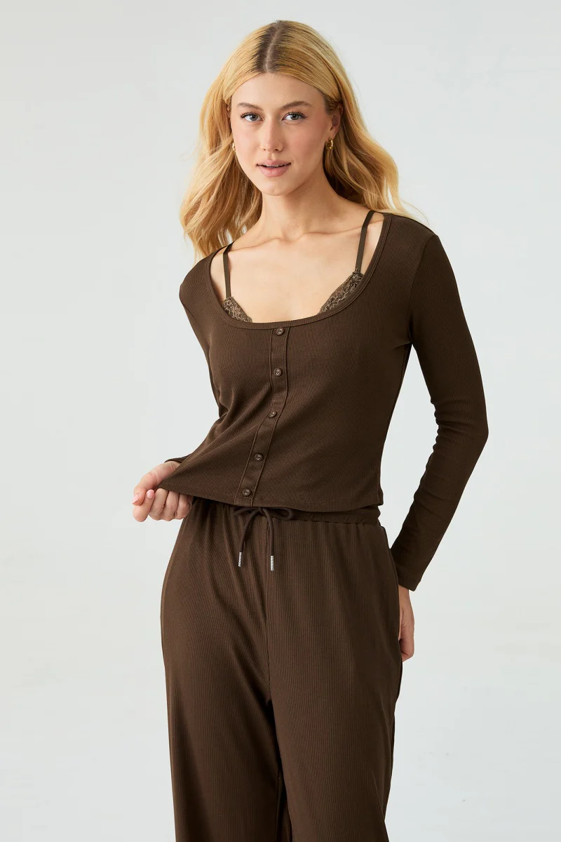 Katchme U-Neck Long Sleeve Top & Drawstring Waist Trousers with Lace Trim Camisole Three-Piece Set - Image 5