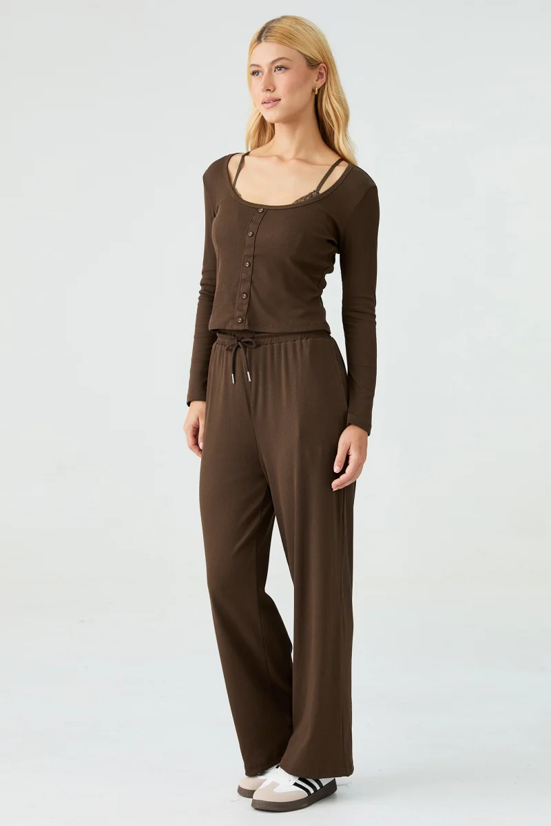 Katchme U-Neck Long Sleeve Top & Drawstring Waist Trousers with Lace Trim Camisole Three-Piece Set - Image 6