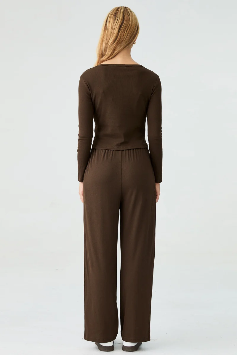 Katchme U-Neck Long Sleeve Top & Drawstring Waist Trousers with Lace Trim Camisole Three-Piece Set - Image 7