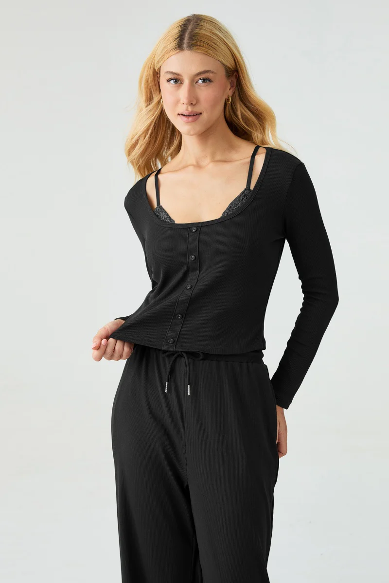 Katchme U-Neck Long Sleeve Top & Drawstring Waist Trousers with Lace Trim Camisole Three-Piece Set - Image 8