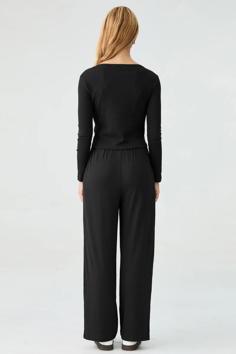 Katchme U-Neck Long Sleeve Top & Drawstring Waist Trousers with Lace Trim Camisole Three-Piece Set - Image 9