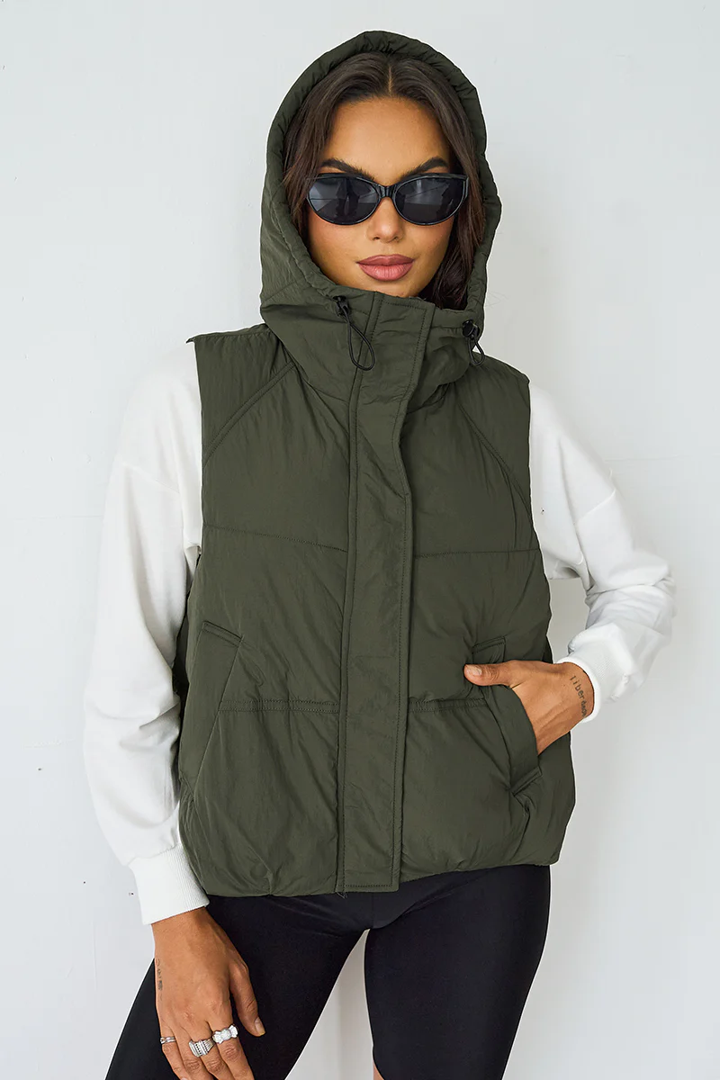 Fall & Winter Street Solid Color Hooded Zip-Up Thermal Vest - Image 9