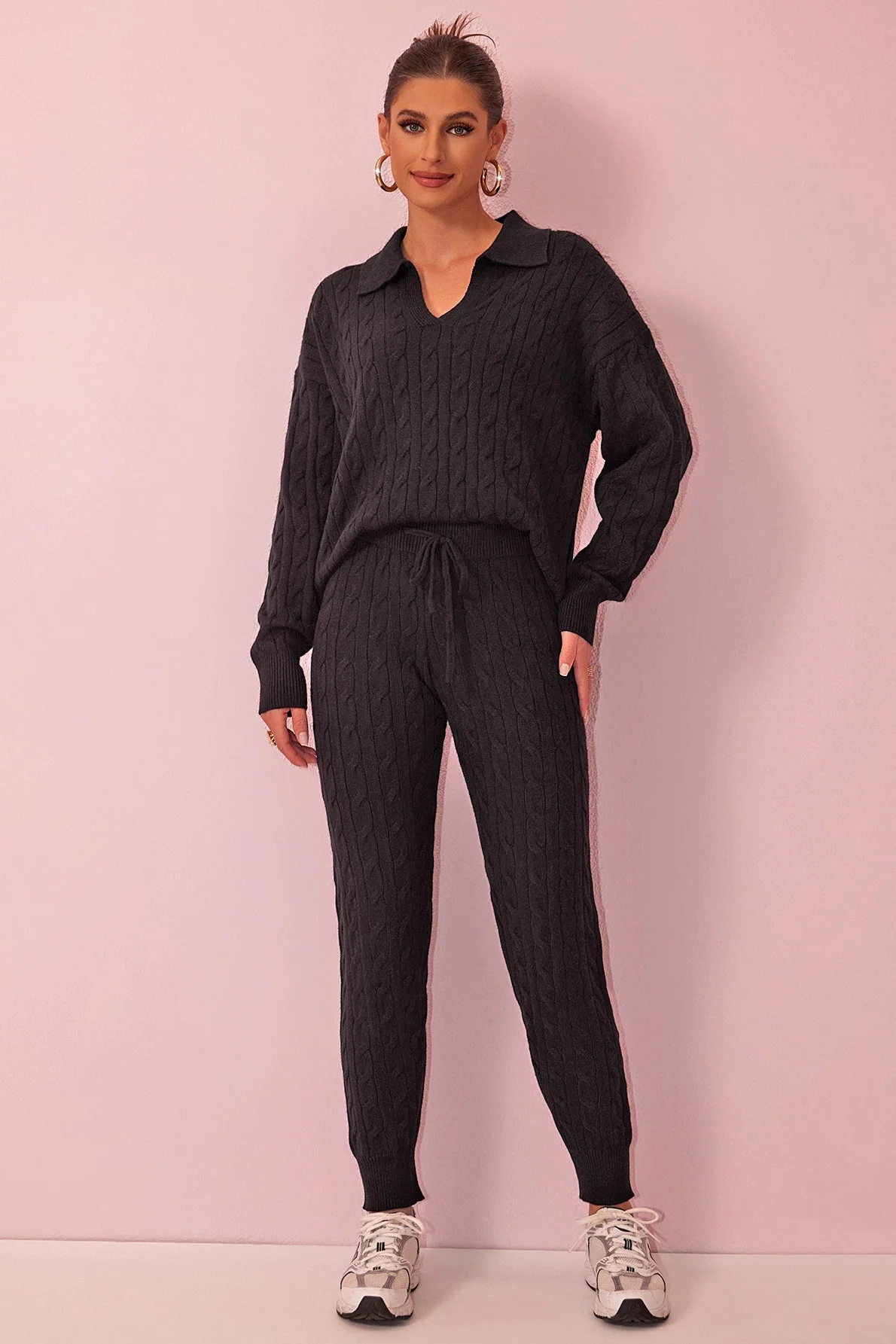 Katchme V Neck Cable-Knit Sweater & Drawstring Waist Pants Co-ord Set