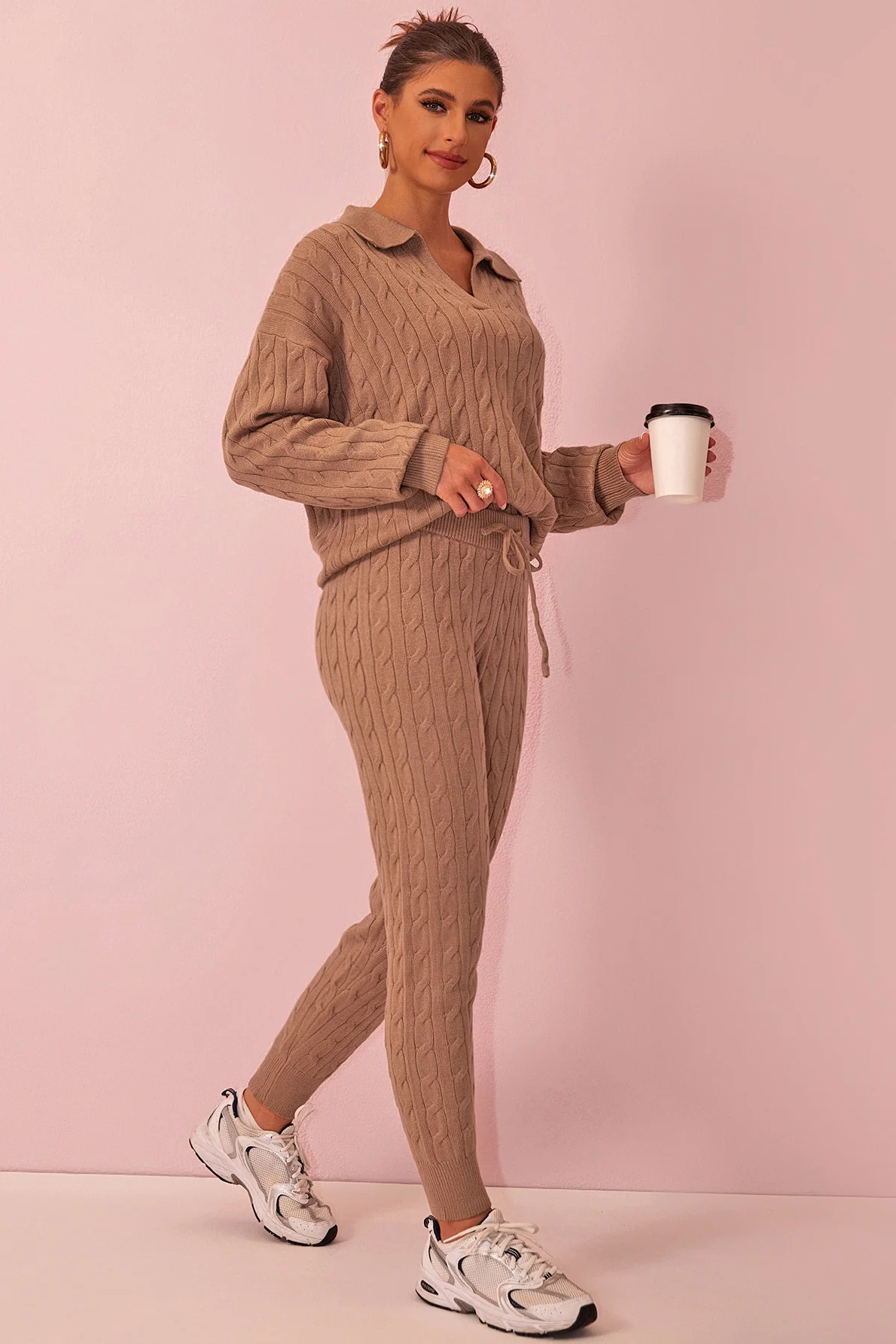 Katchme V Neck Cable-Knit Sweater & Drawstring Waist Pants Co-ord Set - Image 2