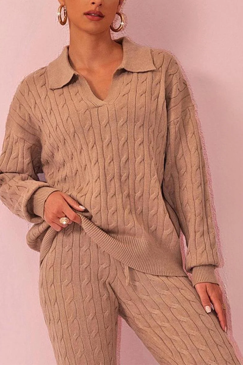Katchme V Neck Cable-Knit Sweater & Drawstring Waist Pants Co-ord Set - Image 4