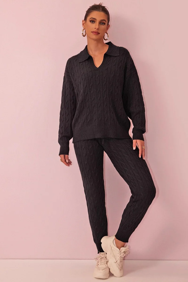 Katchme V Neck Cable-Knit Sweater & Drawstring Waist Pants Co-ord Set - Image 5