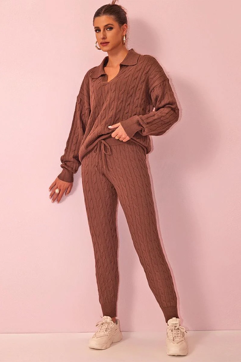 Katchme V Neck Cable-Knit Sweater & Drawstring Waist Pants Co-ord Set - Image 6