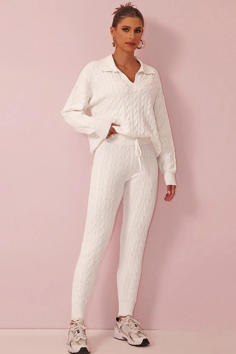 Katchme V Neck Cable-Knit Sweater & Drawstring Waist Pants Co-ord Set - Image 7