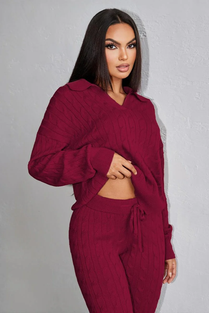 Katchme V Neck Cable-Knit Sweater & Drawstring Waist Pants Co-ord Set - Image 8