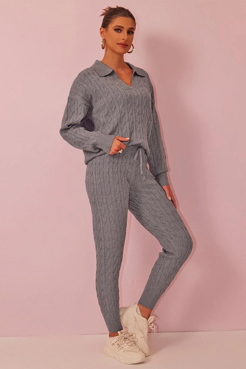 Katchme V Neck Cable-Knit Sweater & Drawstring Waist Pants Co-ord Set - Image 9
