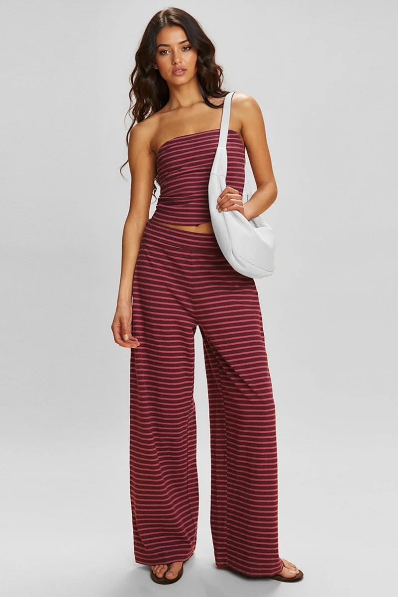 Katchme Striped Tube Top & Low-Rise Wide Leg Trousers Co-ord Set