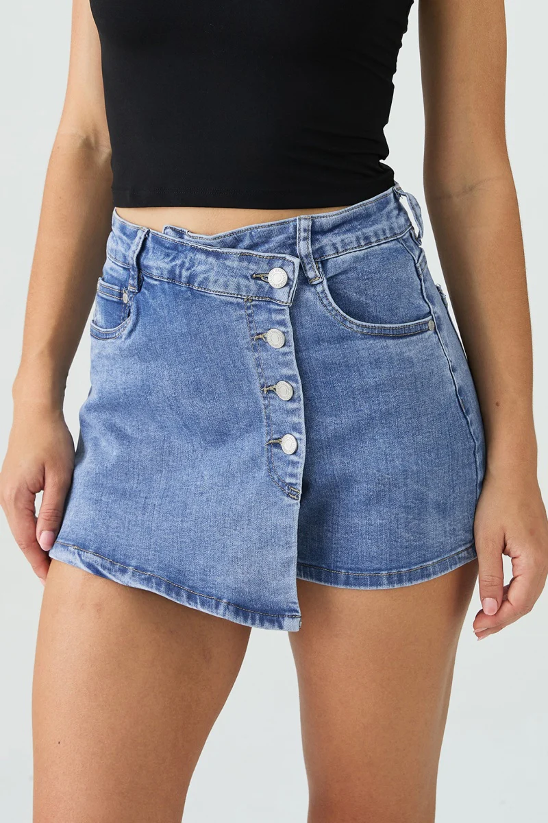 Katchme Mid-Rise Asymmetric Button Denim Skorts - Image 6
