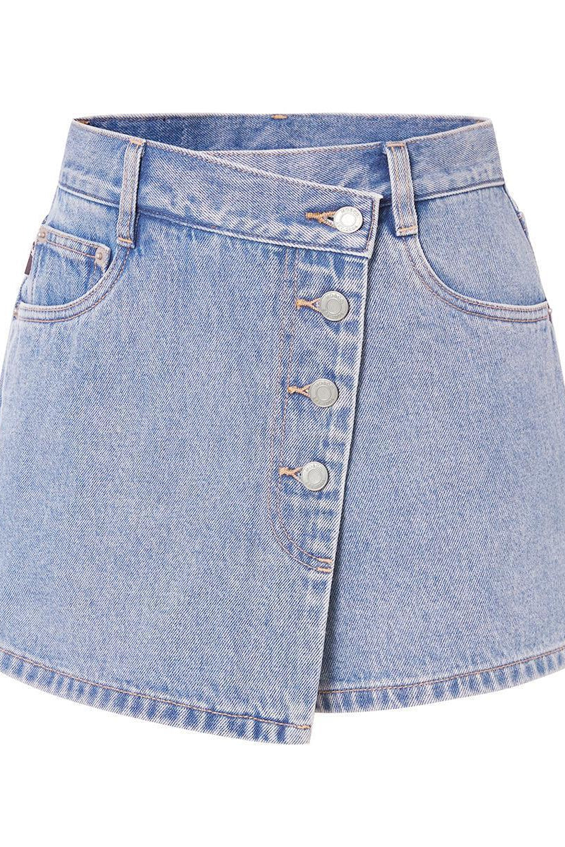 Katchme Mid-Rise Asymmetric Button Denim Skorts - Image 7