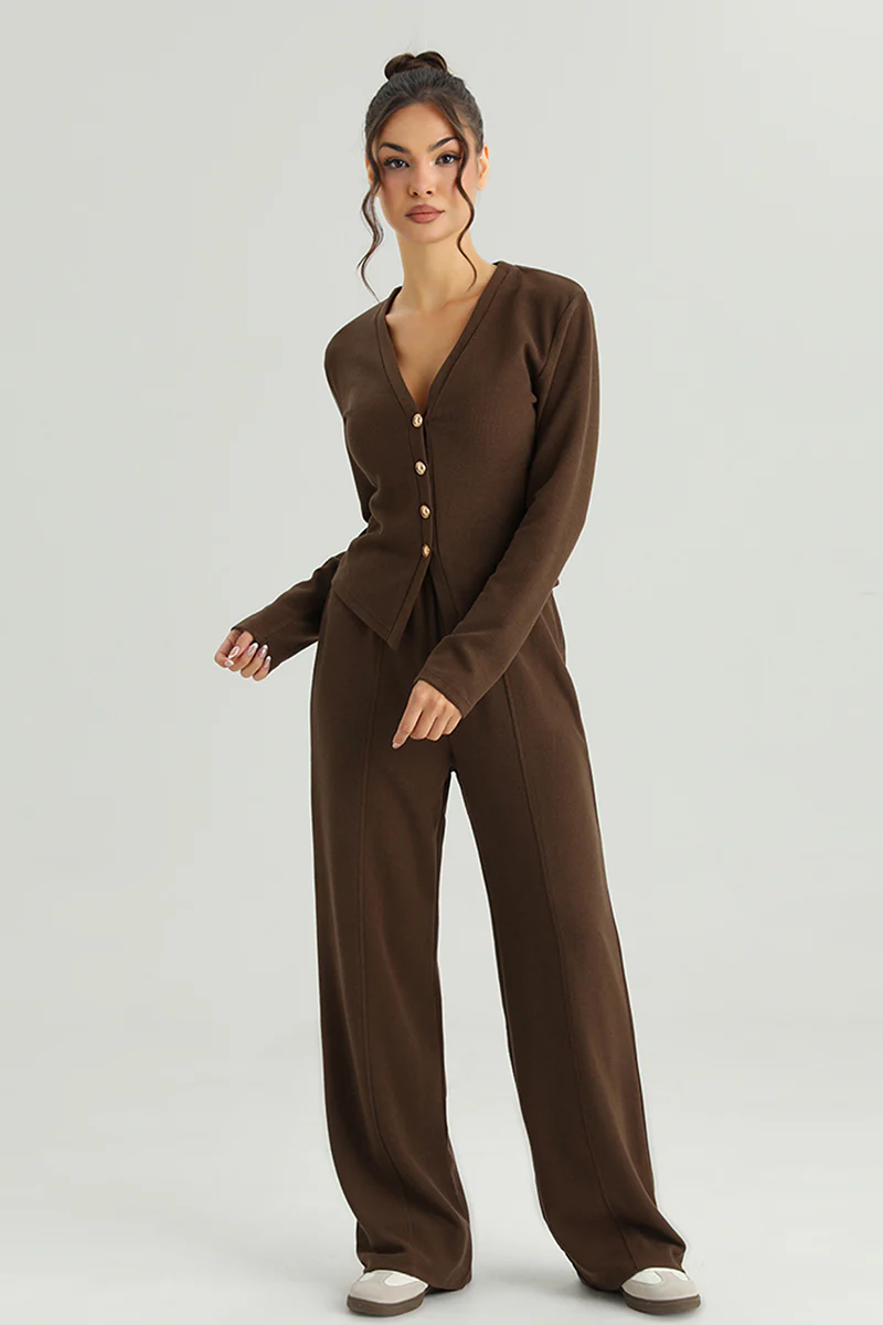 Katchme V-Neck Button Tailored Top & High Waist Wide Leg Trousers Co-ord Set