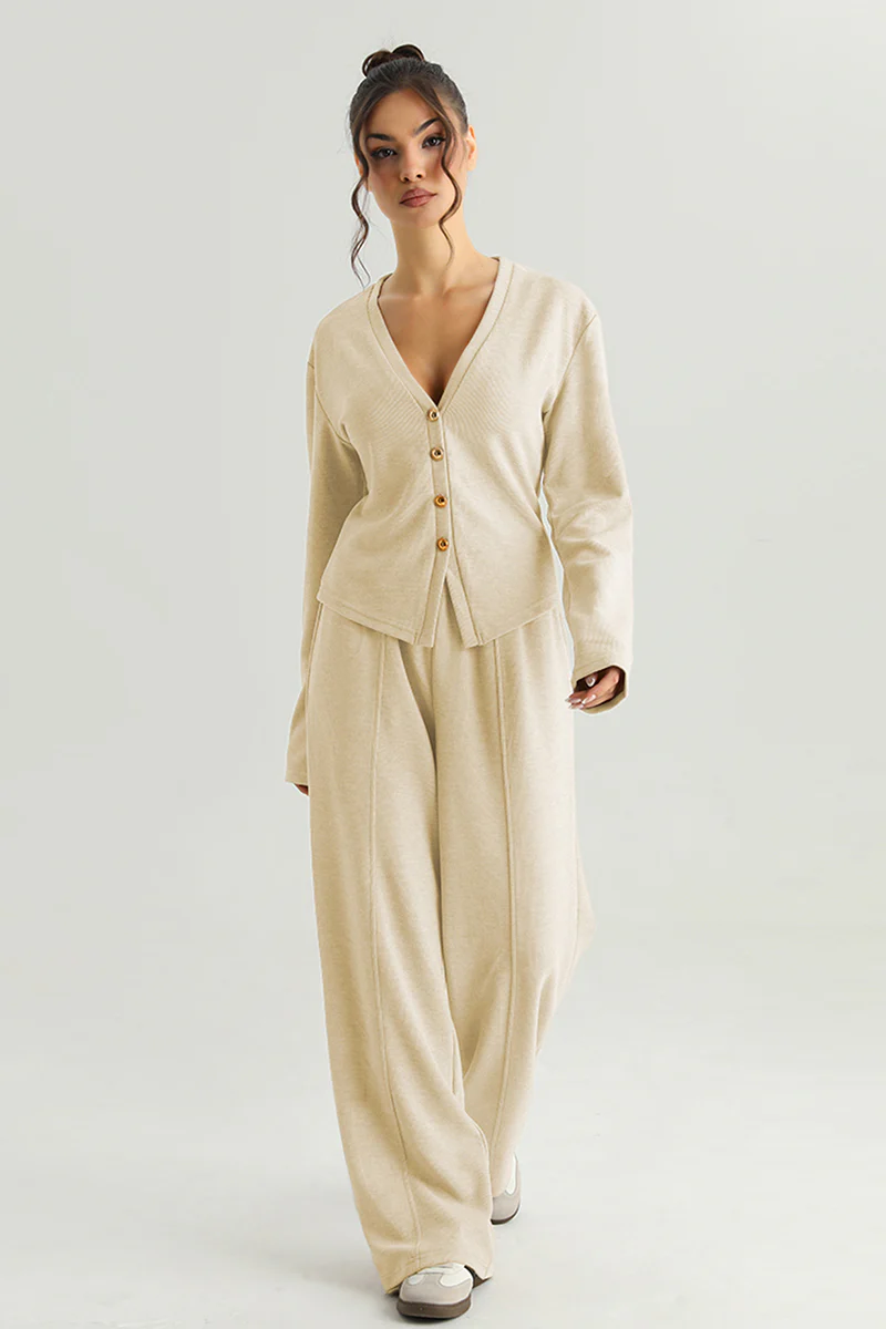 Katchme V-Neck Button Tailored Top & High Waist Wide Leg Trousers Co-ord Set - Image 3