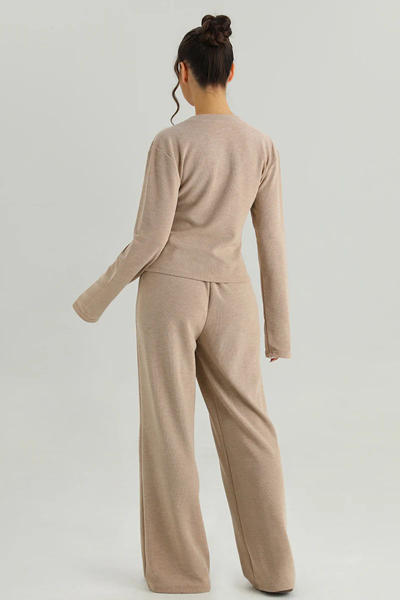 Katchme V-Neck Button Tailored Top & High Waist Wide Leg Trousers Co-ord Set - Image 6