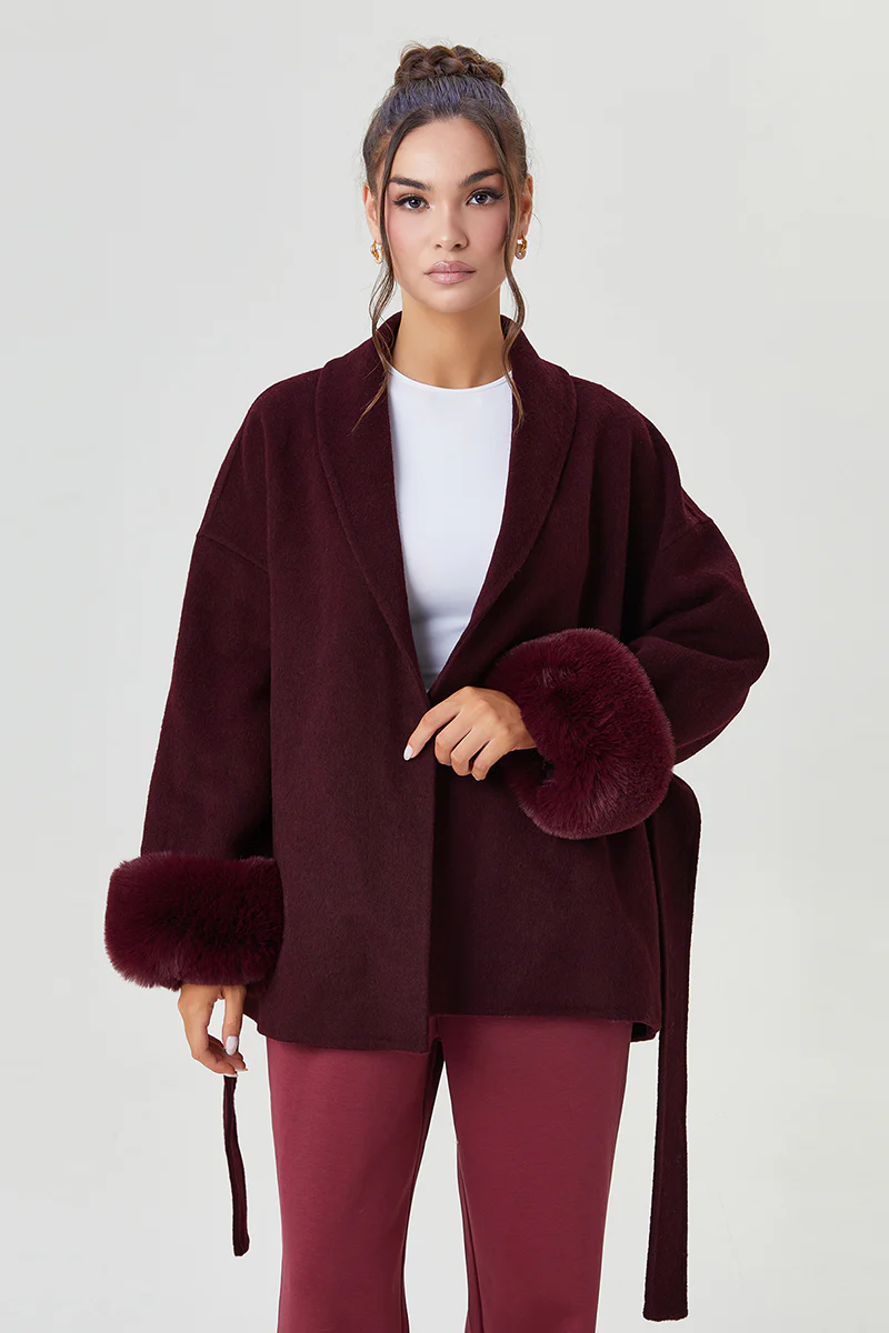 Katchme Solid Color Waist Tie Fuzzy Cuff Wrap Coat